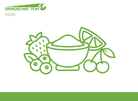 A green line-art icon of a bowl of powder with strawberries, blueberries, cherries, and a lime wedge, with the text 'DANGSCHAT TOH FOOD' in the top left on a white background with a green horizontal bar at the bottom.